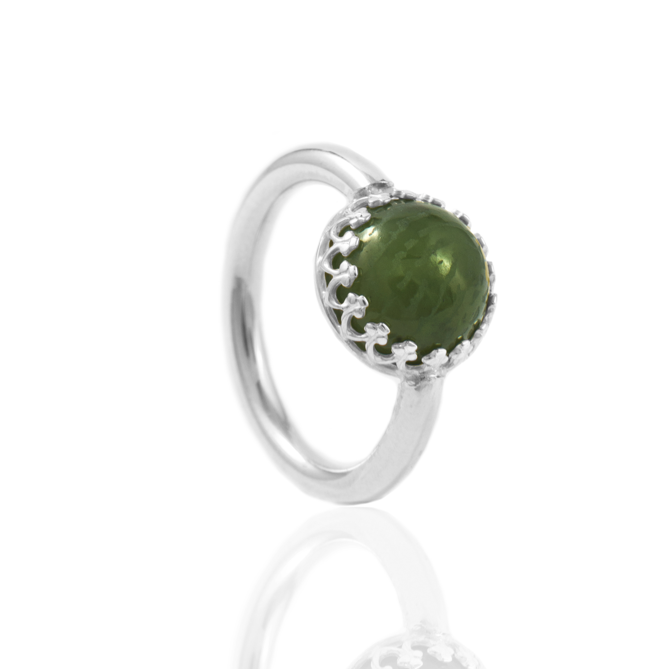 Zilveren vingerafdruk ring met ronde groene nefriet