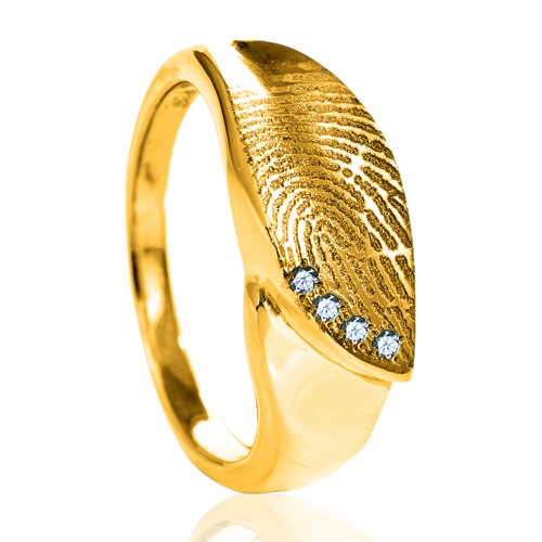 Gouden ring met vingerafdruk in gebogen vlak met 4 stenen