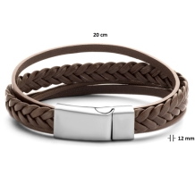 Bruin leren armband dubbel gevlochten  met afmetingen