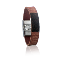 Smalle leren armband met vingerafdruk in leer met edelstalen T-sluiting, kleur 707 kastanje