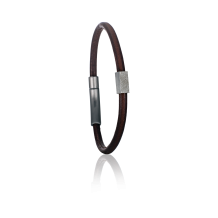 Ronde leren armband met edelstalen buisje met vingerafdruk, kleur 404 bruin