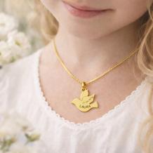 Gouden duif hanger met naam en datum communie cadeau