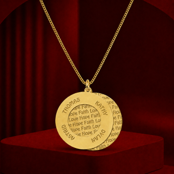 Gouden familiehanger met 4 namen en Love Faith Hope