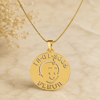 14K gouden babyhanger babyhoofdje met naam en datum