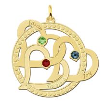 Gouden hanger drie harten in cirkel met naam en geboortestenen Names4ever