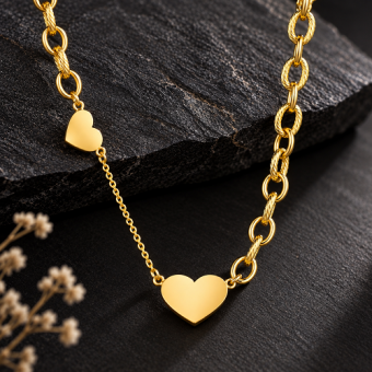 Goudkleurige RVS schakelketting met twee harten en persoonlijke gravure