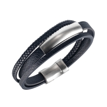 Zwart leren armband met 3 banden en RVS plaat