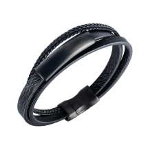 Zwart leren armband met 3 verschillende banden en zwarte plaat