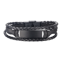 Zwart leren armband met 4 banden en zwarte plaat