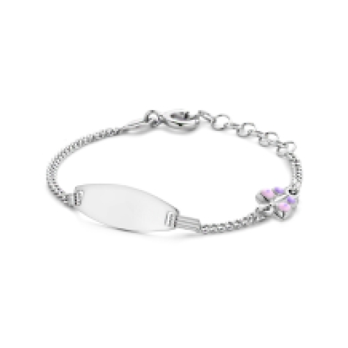 Zilveren kinderarmband met roze vlinder ovaal