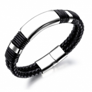 Dubbele strak gevlochten leren armband met graveerplaat