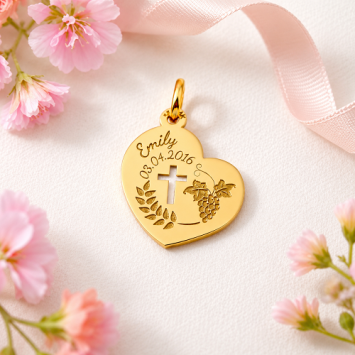 Gouden communie hanger hart met naam en datum – persoonlijk communie cadeau