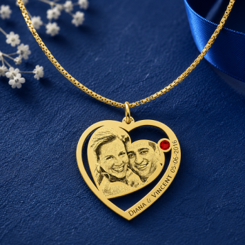 Gouden hartjes hanger met foto en geboortesteen