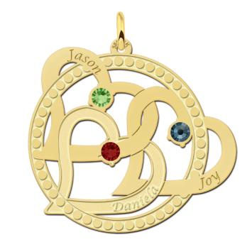Gouden hanger drie harten in cirkel met naam en geboortestenen Names4ever