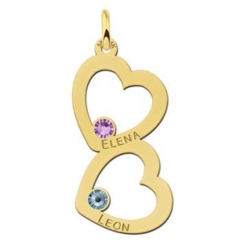 Gouden familie hanger met twee harten en geboortesteen