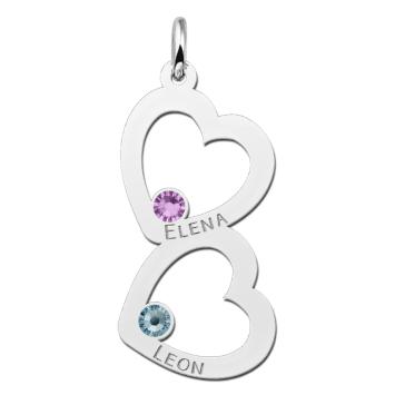Zilveren familie hanger met twee harten en geboortesteen