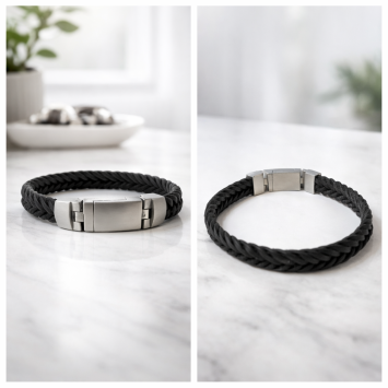 Zwart leren armband met RVS design magneetslot binnen en buitenzijde