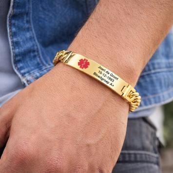 RVS SOS schakel armband met plaat goudkleurig met graveren