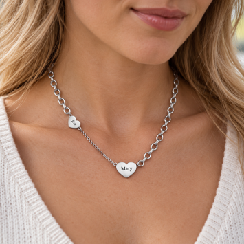 Zilverkleurige RVS schakelketting met twee harten en persoonlijke gravure