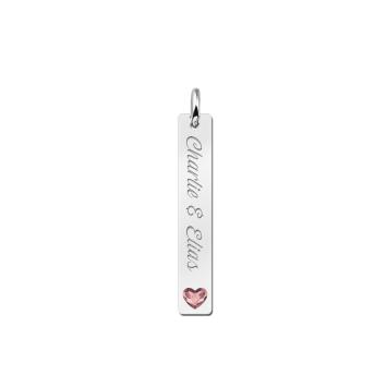Zilveren Bar naamketting hanger met gravure met hartjes steen Names4Ever