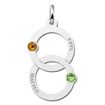 Zilveren familie hanger met twee rondjes en geboortesteen