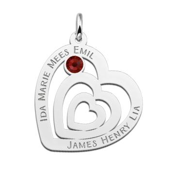 Zilveren familie hanger in hartvorm met geboortesteen