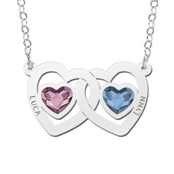 Zilveren Familie ketting met hartjes swarovski steen
