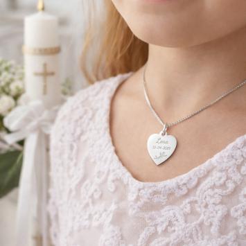 Zilveren hanger hart met engel - gepersonaliseerd communie cadeau draagfoto