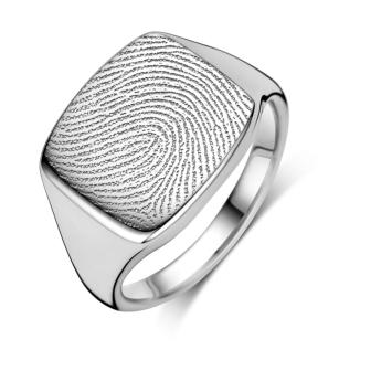 Zilveren rechthoekige zegelring met vingerafdruk