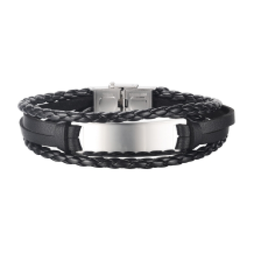 Zwart leren armband met 4 banden en RVS plaat